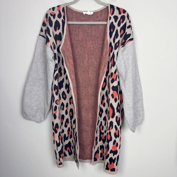 THML | Animal Print Thick Knit Open Front Cardigan Orange Gray Women’s Size M - Picture 1 of 9